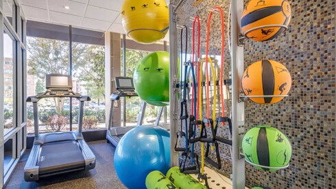 Fitness center view with exercise balls and resistance bands